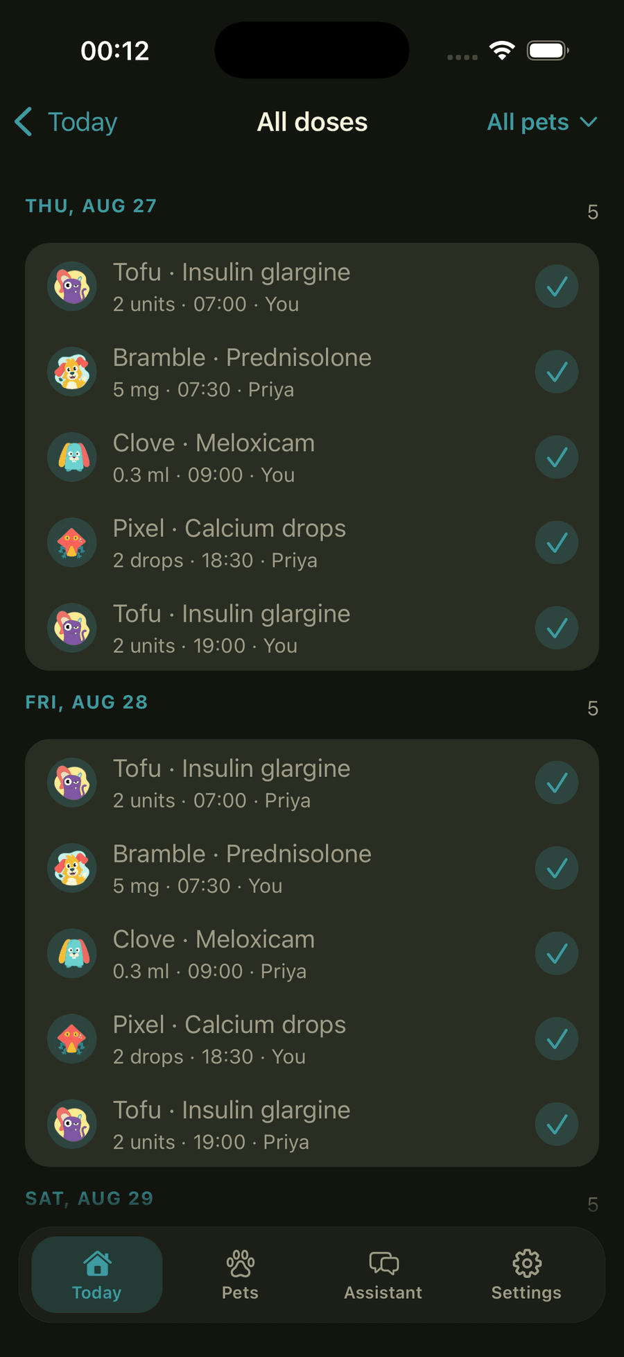 All doses: a week of records, each marked Given with the time and the person's name.