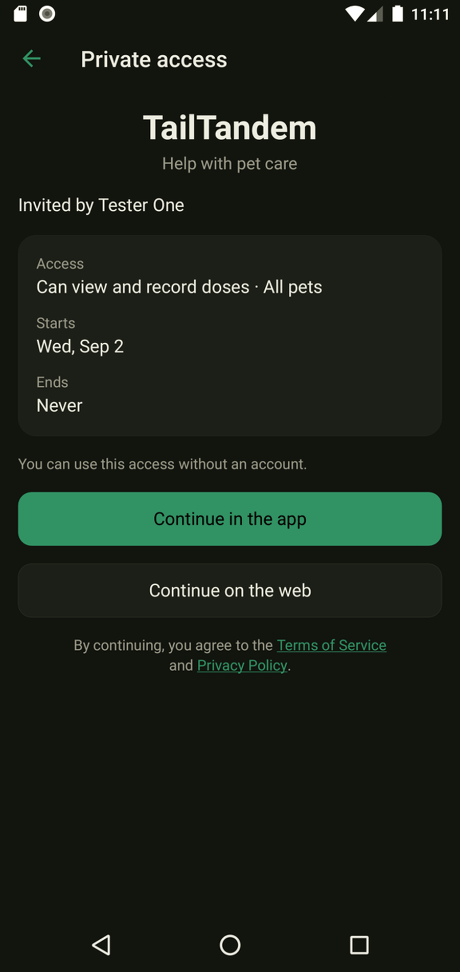 A caregiver link opened on an Android phone: invited by Tester One, can view and record doses, no account needed.